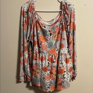 Floral Print Women's Blouse - Orange and Blue